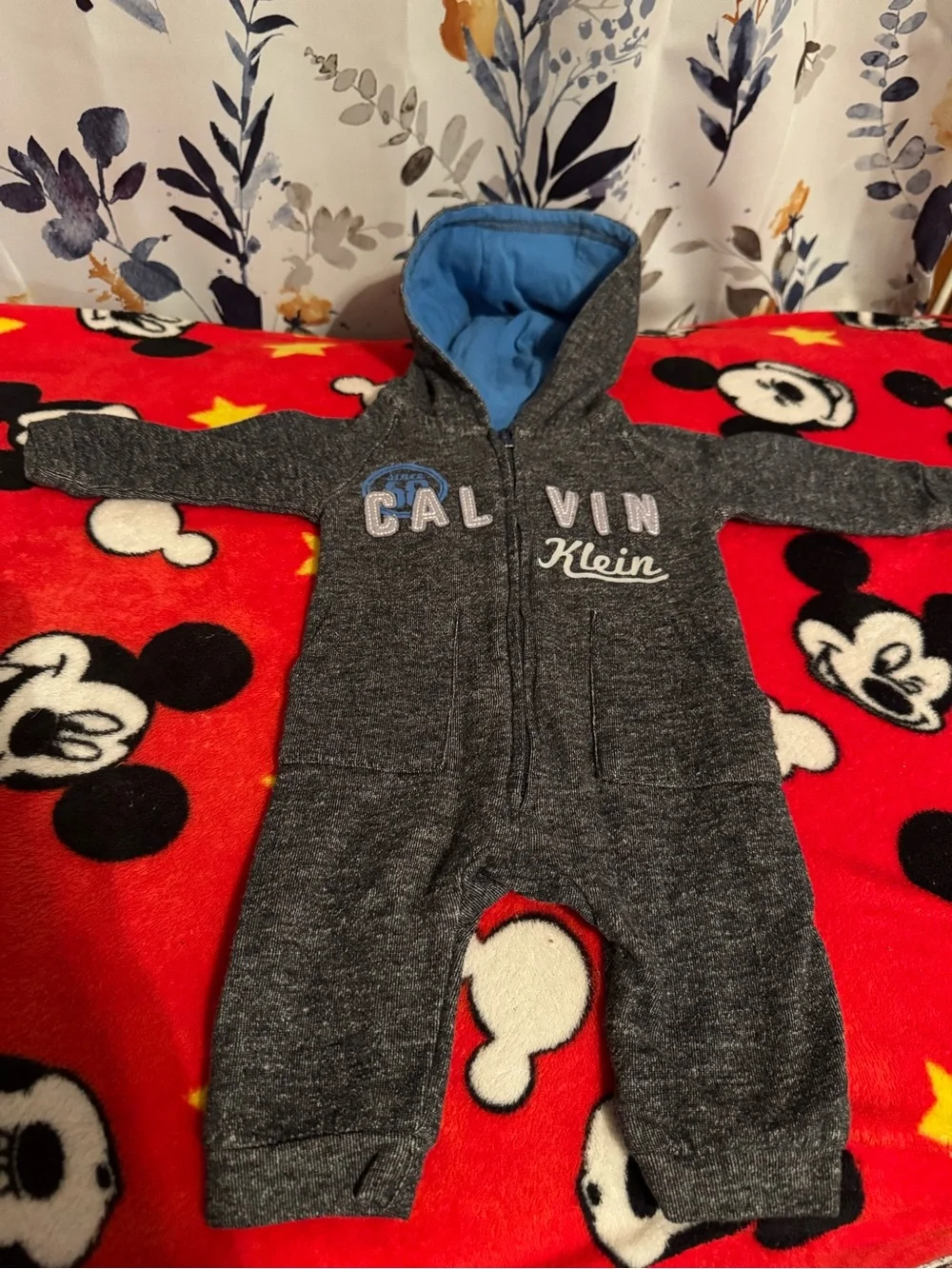 Calvin Klein Gray Hooded One-Piece with Blue Lining 0 3 Months C5